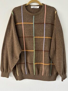 VTG St. Croix Large Men’s Geometric Grid Sweater Brown Minimalist Retro Neutral